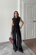 TENCEL MODAL KOLSUZ BLUZ KAPALI CEP DETAYLI DÖKÜMLÜ - PANTOLON TAKIM - Siyah resmi